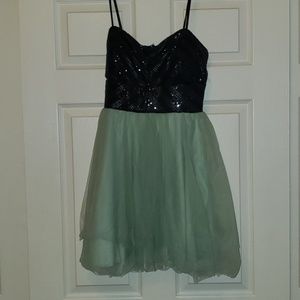 Sequin top, tule bottom, above the knee Prom Dress